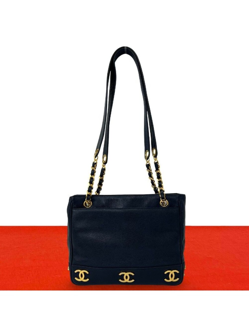 Chanel Vintage Triple Coco Caviar Leather Shoulder Bag Tote Navy